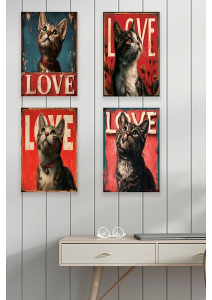 Sevimli Kediler Love 4'lü Set Retro Vintage 18X27 Mdf Ahşap Poster Tablo