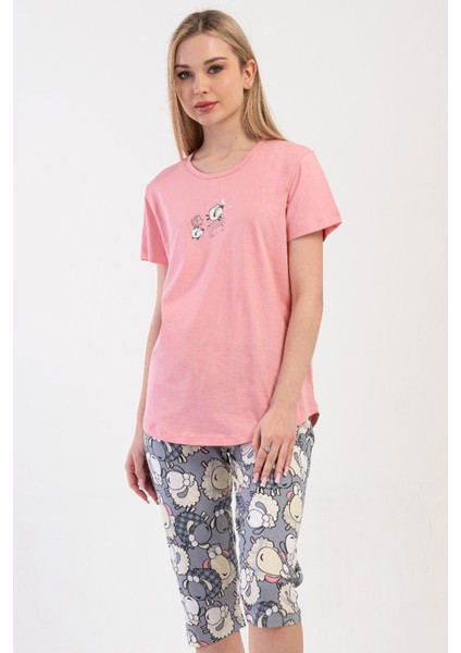 Pamuklu Kadın Kısa Kol Kaprili Pijama Takım , 410098