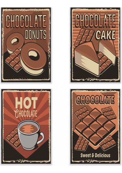 Retro Çikolata Temalı 4'lü Set Ev Mutfak Dekorasyon Wall Art 18X27 Mdf Ahşap Poster Tablo
