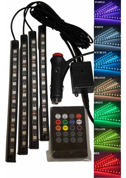12'li Şerit LED Işık Rgb Sese ve Müziğe Duyarlı Araç Içi Ayak Altı