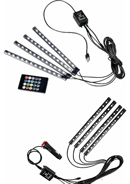 12'li Şerit LED Işık Rgb Sese ve Müziğe Duyarlı Araç Içi Ayak Altı