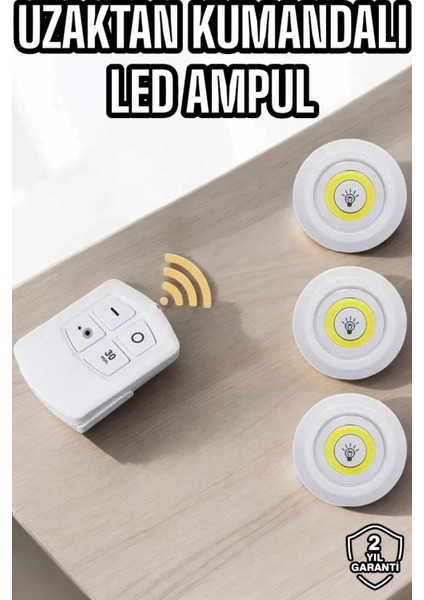 LED Lamba 3'lü Uzaktan Kumandalı Yapışkanlı Beyaz Işık