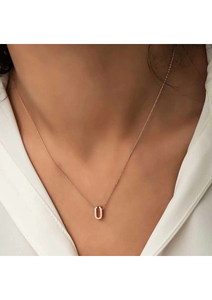 925 Ayar Gümüş Rose 3 Boyutlu Ü Harf Kadın Gümüş Kolye (T5930) (336336)