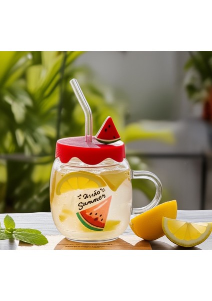 Karpuz Tasarımlı Cam Kupa Bardak 450ML Silikon Kapaklı, Cam Pipetli, Karpuz Figürlü Barda Su Bardağı