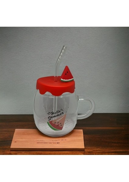 Karpuz Tasarımlı Cam Kupa Bardak 450ML Silikon Kapaklı, Cam Pipetli, Karpuz Figürlü Barda Su Bardağı fiyatları