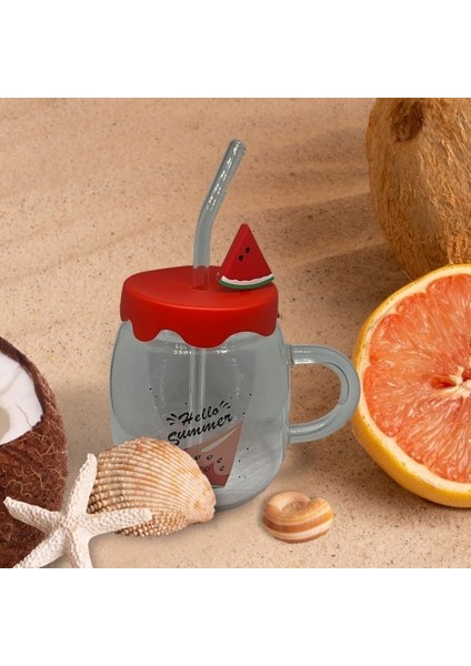 Karpuz Tasarımlı Cam Kupa Bardak 450ML Silikon Kapaklı, Cam Pipetli, Karpuz Figürlü Barda Su Bardağı modelleri