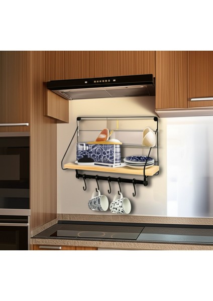 Metal Askılıklı Kahve Köşesi Rafı Ahşap Metal Kombin Duvara Monte Mutfak Rafı Fincan Düzenleyici Raf