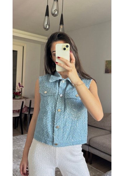 Mavi Pul Detaylı Kolsuz Kot Yelek