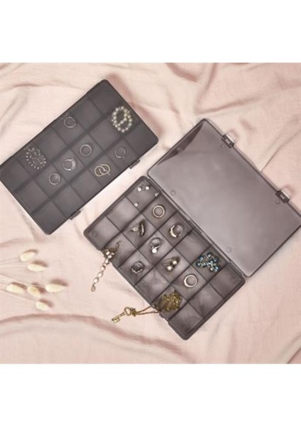 18 Bölmeli Dikdörtgen Takı Organizer, Siyah, Çoklu Yüzük, Kolye ve Bileklik Düzenleyici