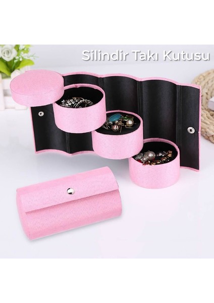 Kadife Silindir Takı Saklama Kutusu, 3 Katlı Seyahat Organizatörü, Pembe