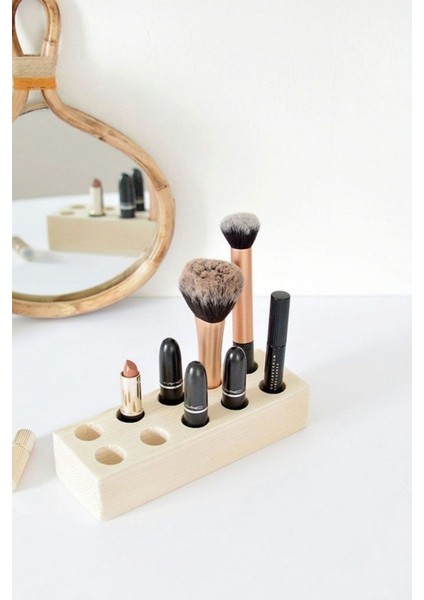 Bej Ahşap 10 Bölmeli Makyaj Malzemeleri Düzenleme Standı