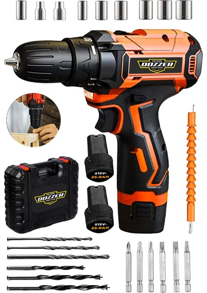 12V 27 Parça Setli Güçlü Matkap ve Vidalama Takımı, Çelik Şanzuman