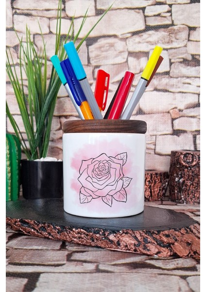Soft Pembe Gül Baskılı Seramik Kalemlik Masaüstü Düzenleyici