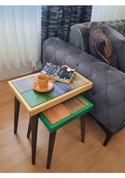 Çok Renkli Kare Kare Parçalı % 100 Doğal Masif Ahşap Üçlü Zigon Takımı