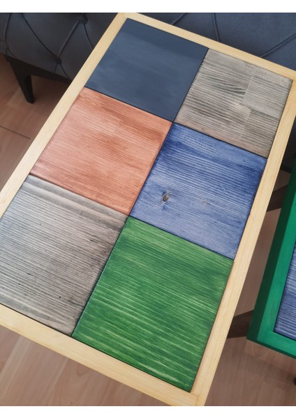 Çok Renkli Kare Kare Parçalı % 100 Doğal Masif Ahşap Üçlü Zigon Takımı