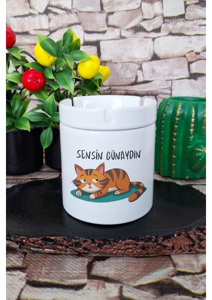Sensin Günaydın Sevimli Kedi Komik Hediye Baskılı Seramik Kapaklı Kokusuz Küllük