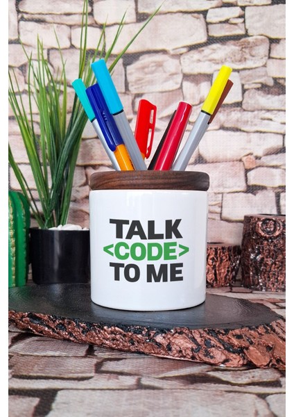Talk Code To Me Yazılımcı Mühendis Hediye Baskılı Seramik Kalemlik Masaüstü Düzenleyici