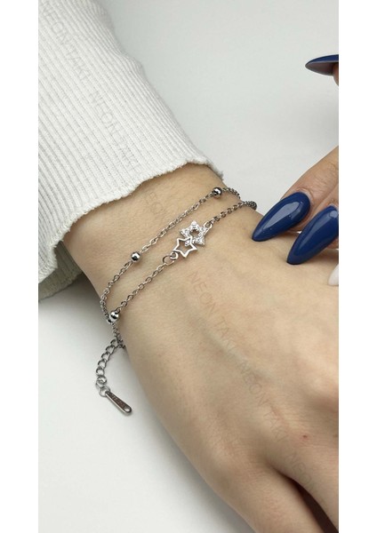 , Duyarlılık Etiketi ve Zirkon Taşlı, Yıldız, Çift Zincirli, Dorika Zincir Bileklik 482, Silver Renk