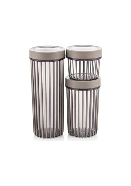 Güncelçarşı 3'lü Çevir Aç Kapak Kavanoz Plastik Saklama Kabı Seti, Büyük, Orta, Küçük, 3 Boy (Bej)
