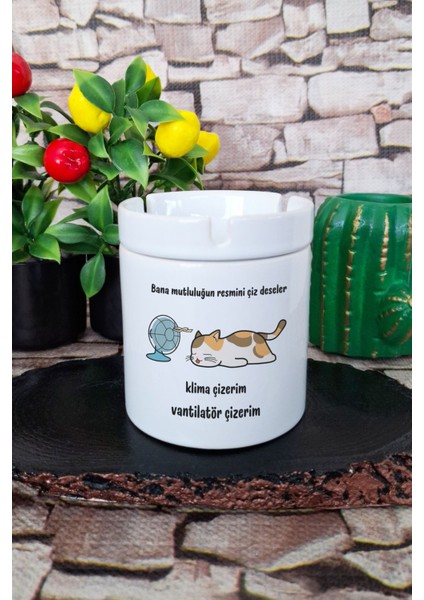 Mutluluğun Resmi-Kedi Eğlenceli Komik Hediyelik Baskılı Seramik Kapaklı Kokusuz Küllük
