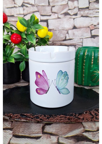 Renkli Kelebek Eğlenceli Baskılı Seramik Kapaklı Kokusuz Küllük
