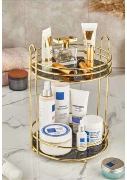 Iki Katlı Yuvarlak Gold Kahve Yanı Sunum ve Makyaj Organizeri, Meyve Sepeti