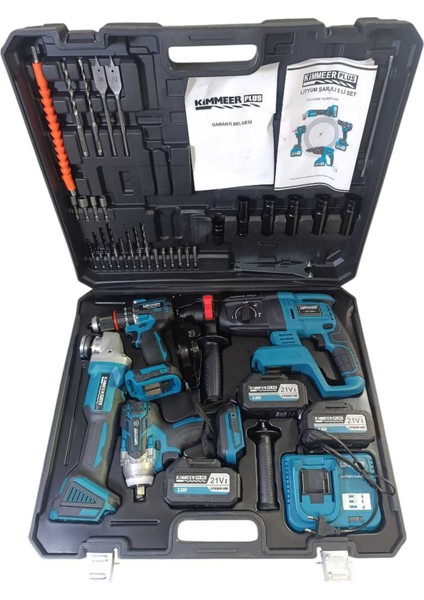 Profesyonel 4'lü Şarjlı Set, Akülü Matkap, Spiral, Torklu, 3 Batarya, Şarj Aleti