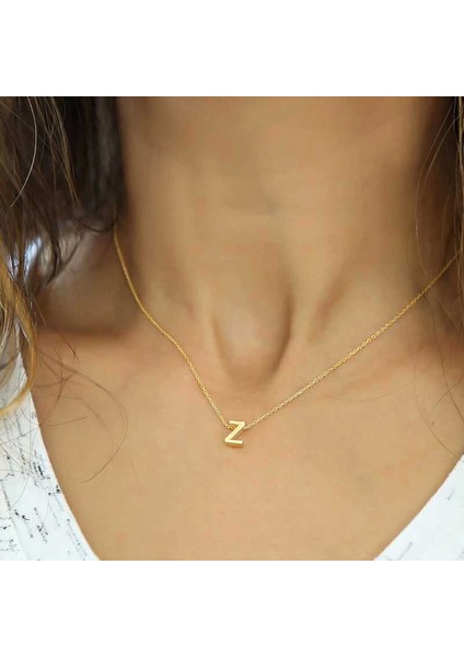 925 Ayar Gümüş 3 Boyutlu Z Harf Gold Kadın Gümüş Kolye (T5934) (336336)