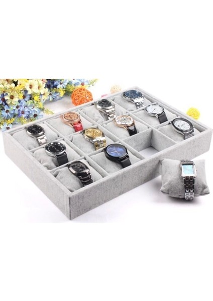 Gri Süet Kumaş 12 Bölmeli Yastıklı Saat ve Bileklik Çekmecesi Standı