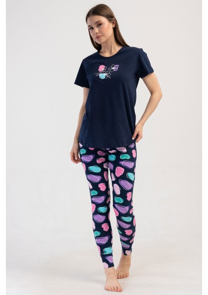 Pamuklu Kadın Kısa Kol Bluzu Uzun Tayt Pijama Takım , 408253