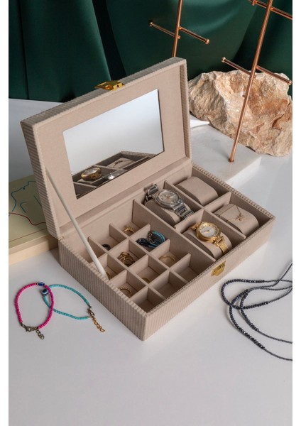 Aynalı Ekru Kadife Takı Organizer, Kutusu, 25X16X7 cm