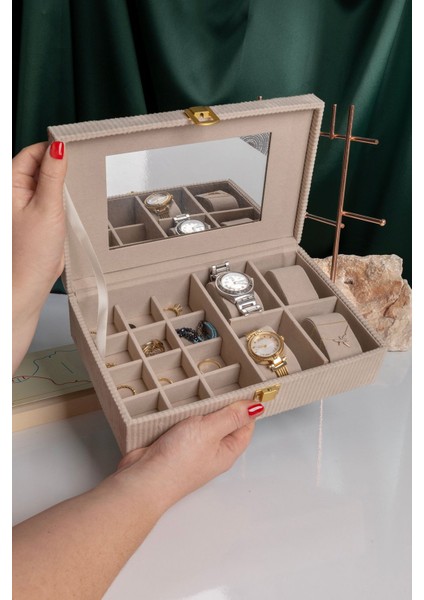 Aynalı Ekru Kadife Takı Organizer, Kutusu, 25X16X7 cm fırsatları