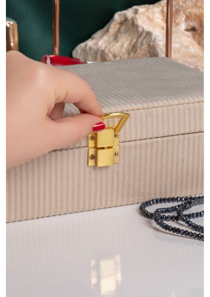 Aynalı Ekru Kadife Takı Organizer, Kutusu, 25X16X7 cm