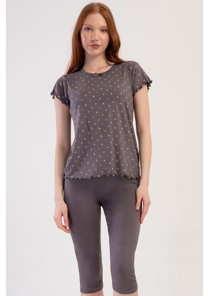 Kadın Vıscon Kısa Kol Kaprili Pijama Takım , 409288