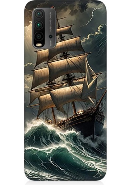 Xiaomi Redmi 9t Uyumlu Dalgalarla Savaşan Yelkenli Desenli Silikon Kılıf