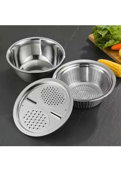 Çok Fonksiyonlu Paslanmaz Çelik Rende,süzgeç ve Yoğurma Kabı 3'lü Set 28CM