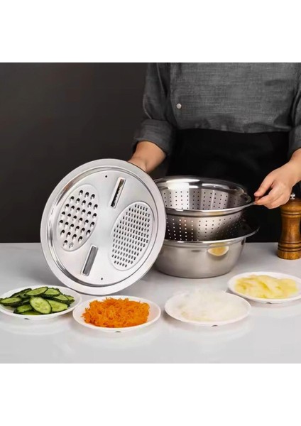 Çok Fonksiyonlu Paslanmaz Çelik Rende,süzgeç ve Yoğurma Kabı 3'lü Set 28CM fiyatları