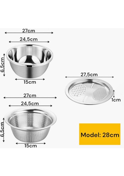 Çok Fonksiyonlu Paslanmaz Çelik Rende,süzgeç ve Yoğurma Kabı 3'lü Set 28CM indirimleri