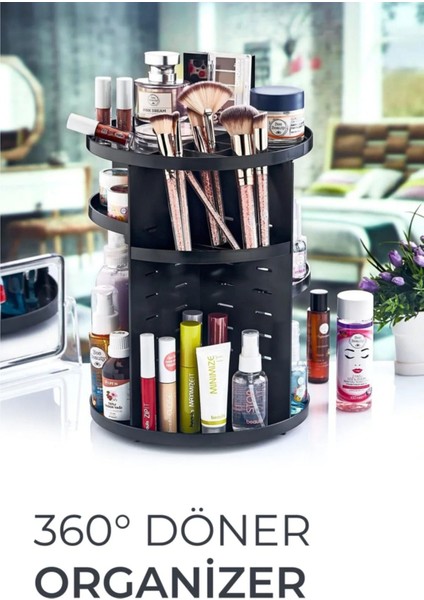 Dönebilen ve Şık Makyaj Organizeri, Siyah Renk, Geniş Iç Hacim, Kullanışlı Tasarım