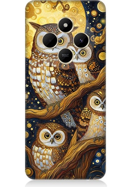 Xiaomi Redmi 14C Uyumlu Altın Ayda Baykuşlar Desenli Silikon Kılıf