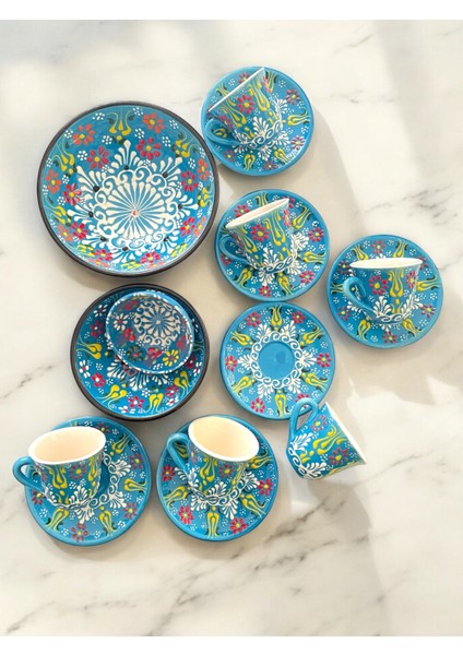 Dekoratif 6 Kişilik Şık Lale Çini Tasarımlı Tamamen El Yapımı Kahve Fincan Seti ve Çerezlik-Sosluk