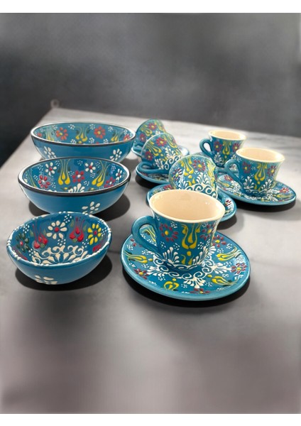 Dekoratif 6 Kişilik Şık Lale Çini Tasarımlı Tamamen El Yapımı Kahve Fincan Seti ve Çerezlik-Sosluk fiyatları