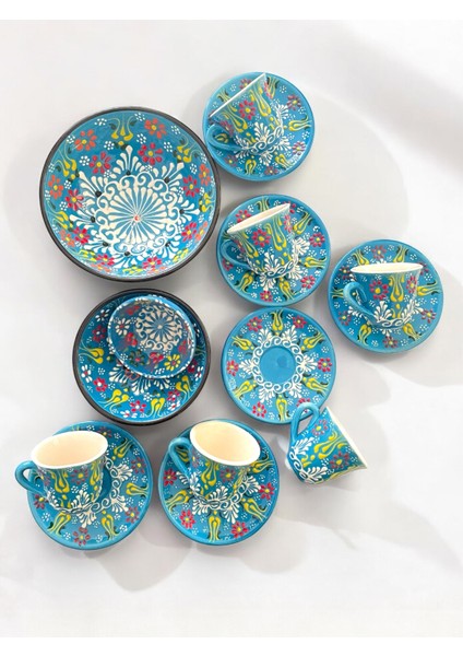 Dekoratif 6 Kişilik Şık Lale Çini Tasarımlı Tamamen El Yapımı Kahve Fincan Seti ve Çerezlik-Sosluk modelleri