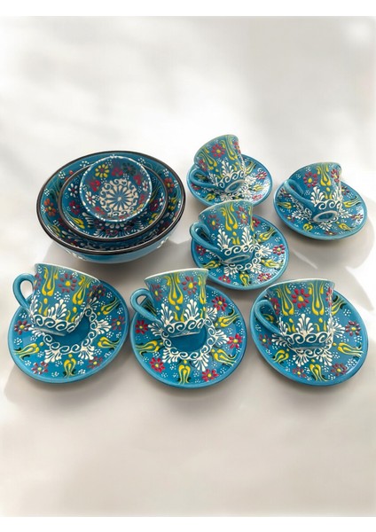 Dekoratif 6 Kişilik Şık Lale Çini Tasarımlı Tamamen El Yapımı Kahve Fincan Seti ve Çerezlik-Sosluk fırsatları