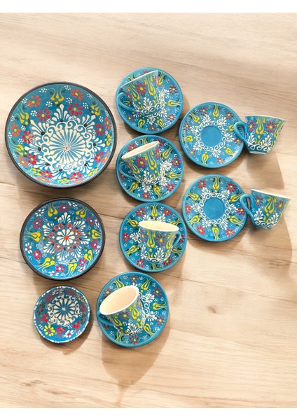 Dekoratif 6 Kişilik Şık Lale Çini Tasarımlı Tamamen El Yapımı Kahve Fincan Seti ve Çerezlik-Sosluk indirimleri