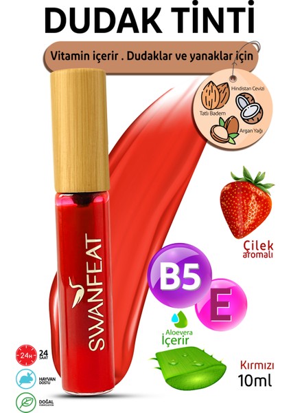 24 Saat Kalıcı Besleyici Vitaminli Nemlendirici Aloe Vera Likit Dudak Tinti Çilek Aromalı Kırmızı Rengi