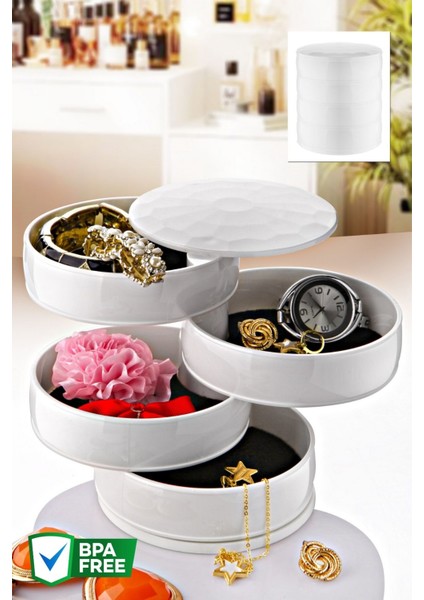 4 Katlı Yuvarlak 360° Dönebilen Takı Organizeri, Beyaz, Şık ve Fonksiyonel Tasarım