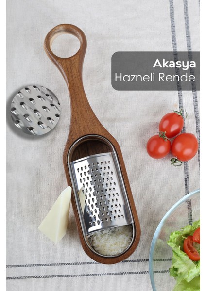 Akasya Saplı Hazneli Rende - Peynir Limon Zencefil Sarımsak Rendesi El Rendesi