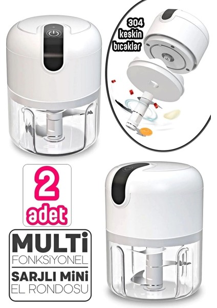 2'li Şarjlı Mini El Rondosu Çelik 3 Bıçaklı 250 ml Mutfak Robotu Hazneli Sebze Et Doğrayıc Rende