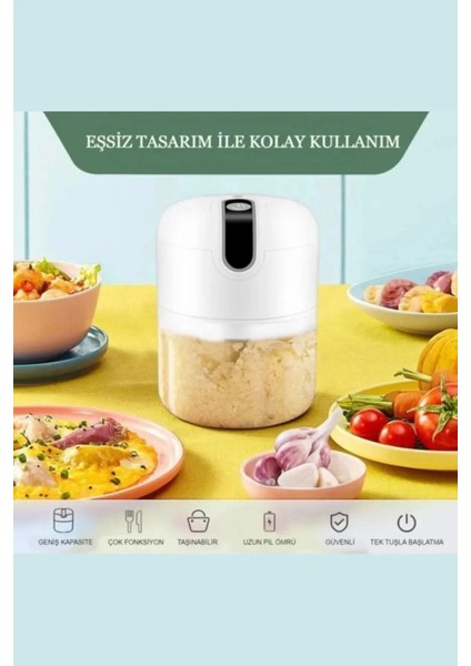 2'li Şarjlı Mini El Rondosu Çelik 3 Bıçaklı 250 ml Mutfak Robotu Hazneli Sebze Et Doğrayıc Rende